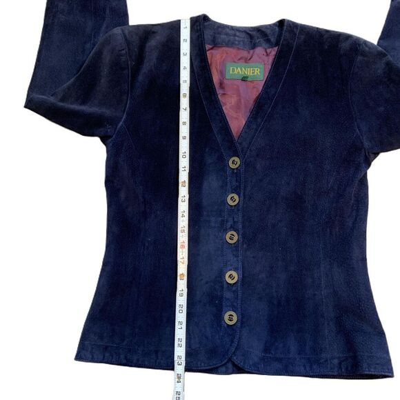 Danier Blue 5-Button V-Neck Long Sleeve Genuine Leather Blazer Jacket VTG Med - Picture 7 of 14